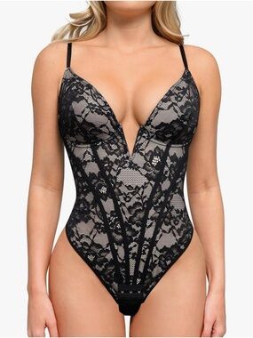 Popilush Tummy Control Thong Bodysuit V Neck Lace Corset Shapewear Black XL